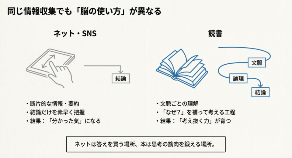 スマートフォンでの「結論だけの把握」と、読書における「文脈と論理の理解」のプロセスを比較した図解。