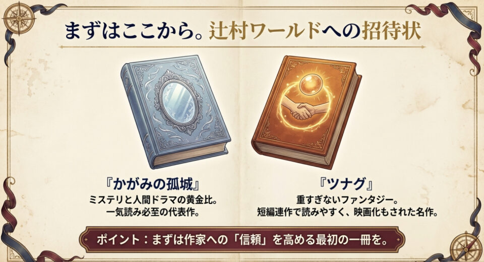 辻村深月ワールドへの招待状。ミステリと人間ドラマの『かがみの孤城』、読みやすいファンタジー『ツナグ』のイメージ