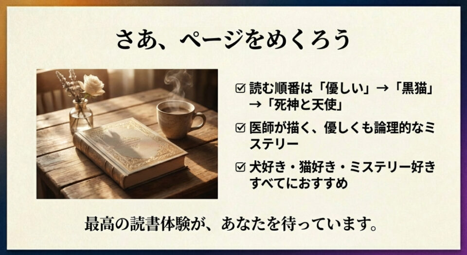 さあ、ページをめくろう。読む順番は「優しい」→「黒猫」→「死神と天使」。医師が描く優しくも論理的なミステリー。犬好き・猫好き・ミステリー好きすべてにおすすめ。本とコーヒーのイラスト。