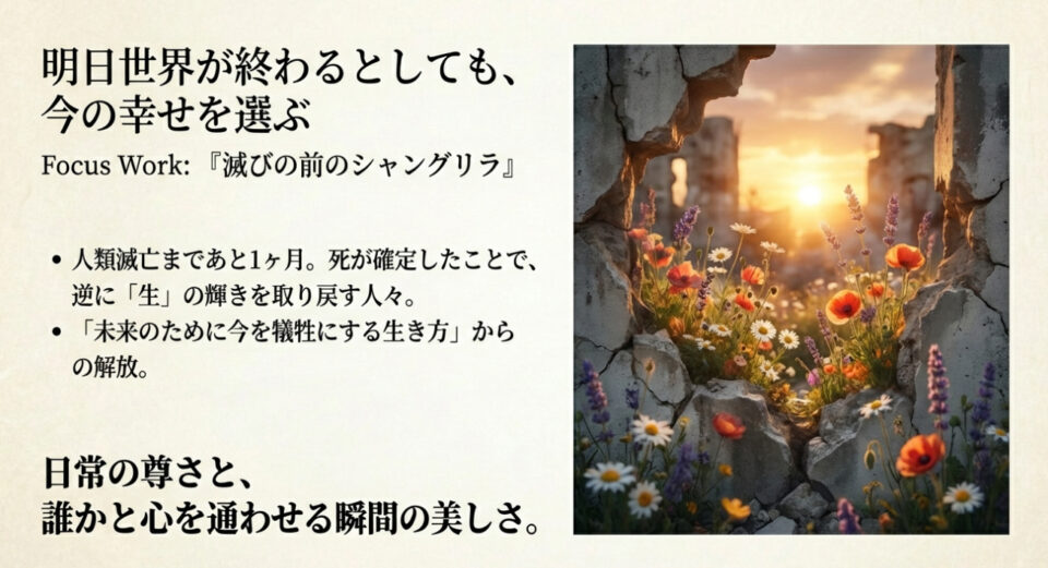 崩壊した壁の隙間に咲く花と夕日の画像。「明日世界が終わるとしても、今の幸せを選ぶ」というメッセージ。