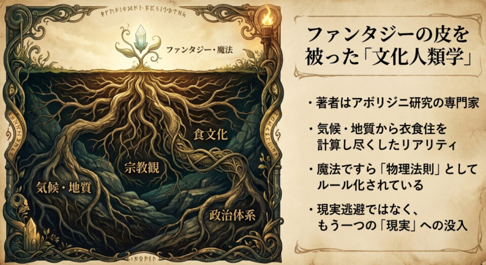 ファンタジーの皮を被った文化人類学。気候、地質、食文化、宗教観まで計算し尽くされたリアリティについての解説図