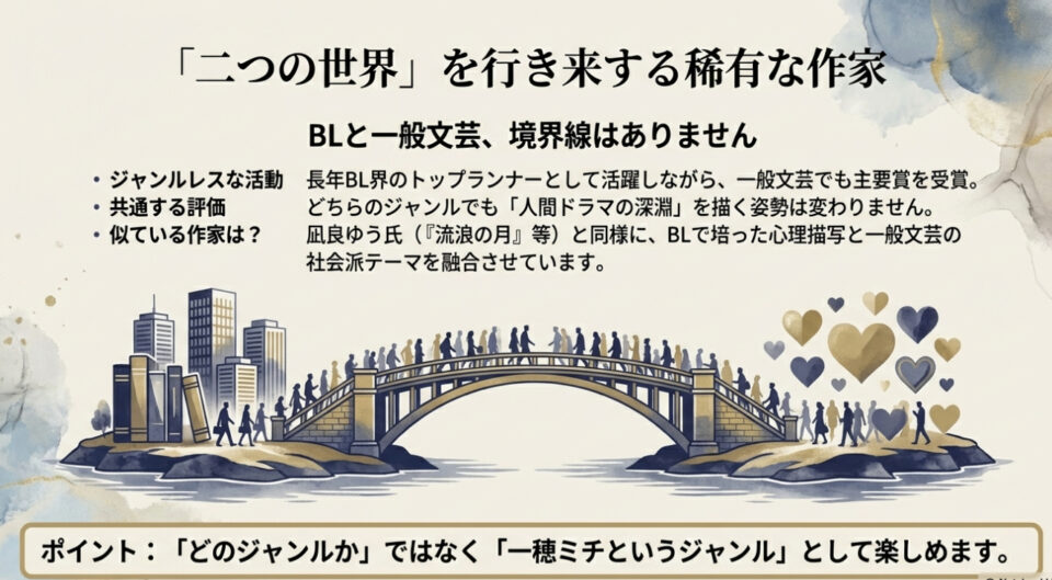 本でできた街と人々の心を繋ぐ大きな橋のイラスト。ジャンルの垣根なく活動し、凪良ゆう氏らと同様に高い評価を得ている作家の立ち位置を表現。