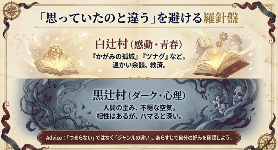 感動・青春系の「白辻村」とダーク・心理系の「黒辻村」。好みに合わせて作品を選ぶための羅針盤