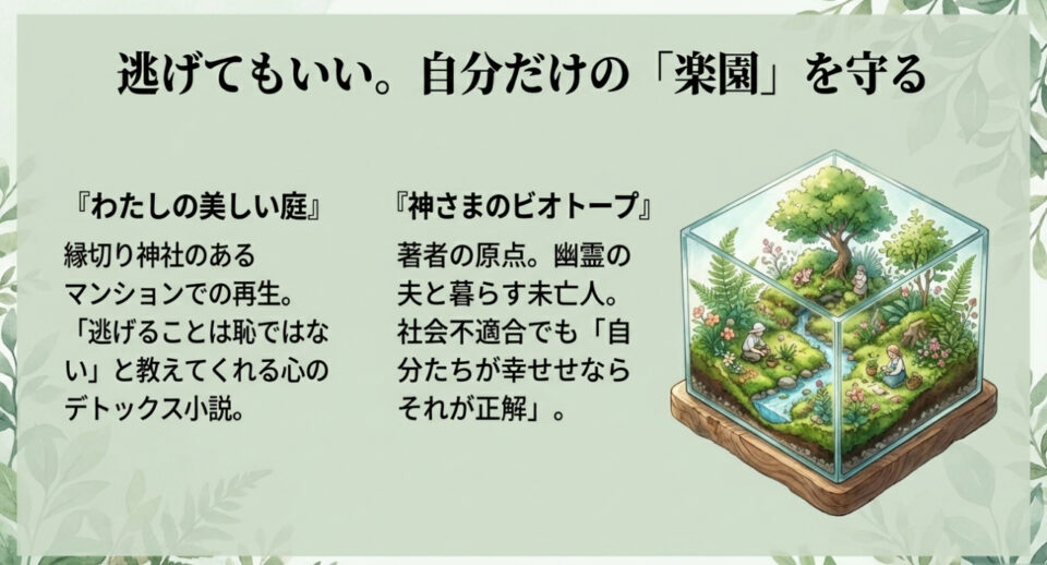 箱庭のような美しい緑のイラスト。「逃げてもいい。自分だけの楽園を守る」というテーマで2作品を紹介。