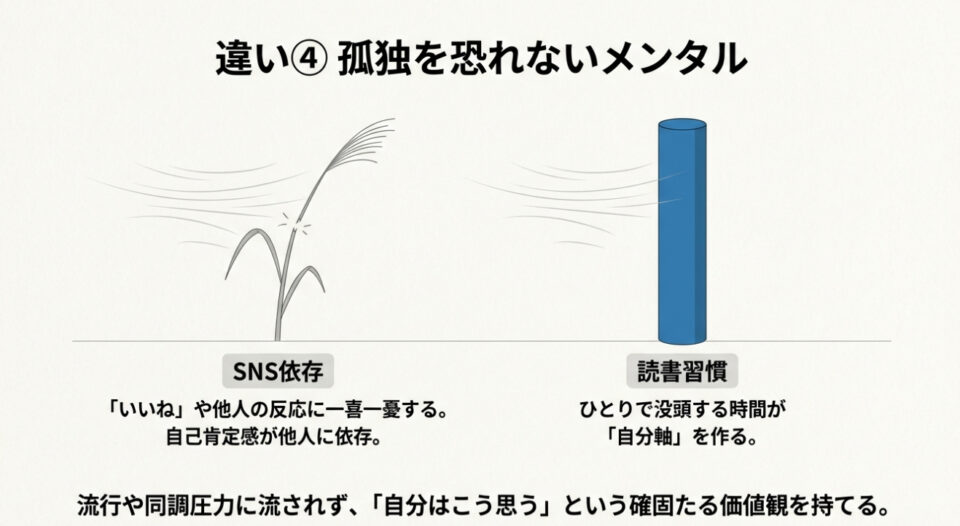 他人の反応に一喜一憂するSNS依存の状態と、ひとりで没頭し確固たる価値観を持つ読書習慣の状態を対比させた図。