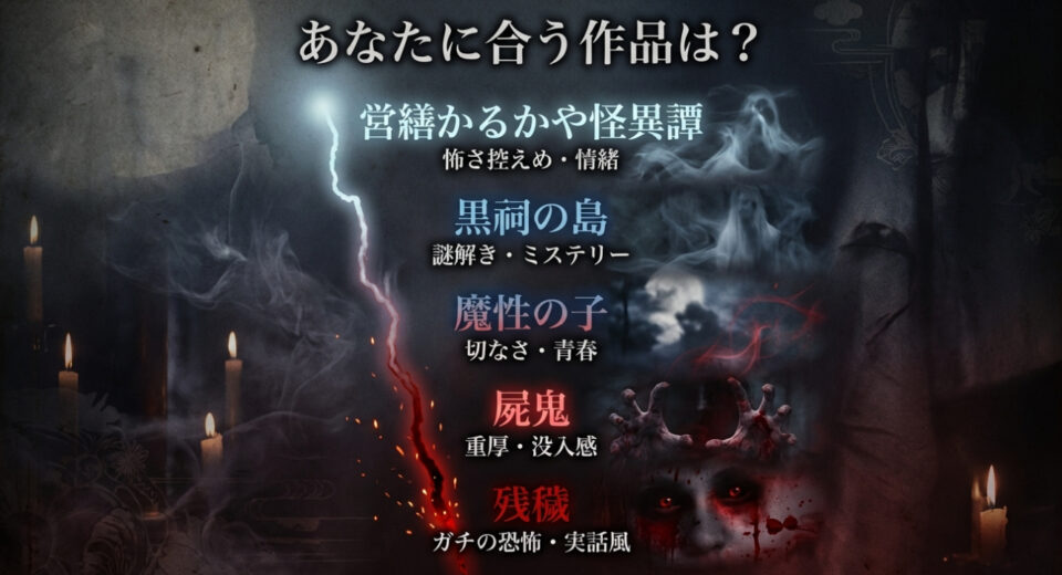 怖さ控えめ、ミステリー、重厚さなどタイプ別に合う小野不由美作品がわかるフローチャート