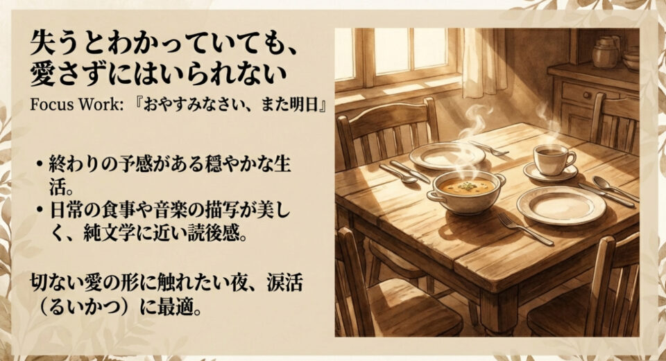 温かいスープが並ぶ食卓のイラスト。「失うとわかっていても、愛さずにはいられない」というメッセージ。