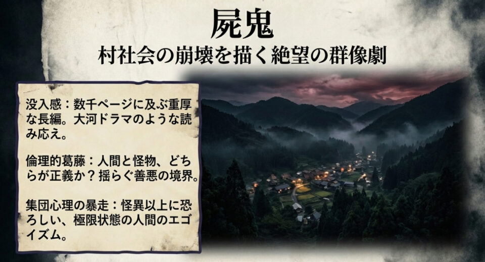 屍鬼の作品概要。村社会の崩壊と倫理的葛藤を描く重厚な群像劇についての解説