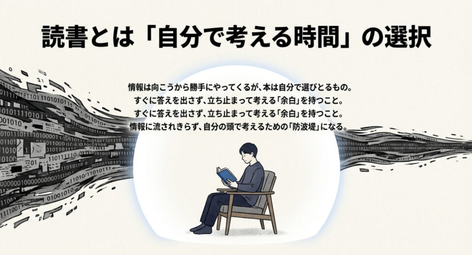 デジタルな情報の羅列を背景に、椅子に座って本を読む男性のイラスト。情報は向こうから来るが、本は自分で選び取るものであることを示唆している。