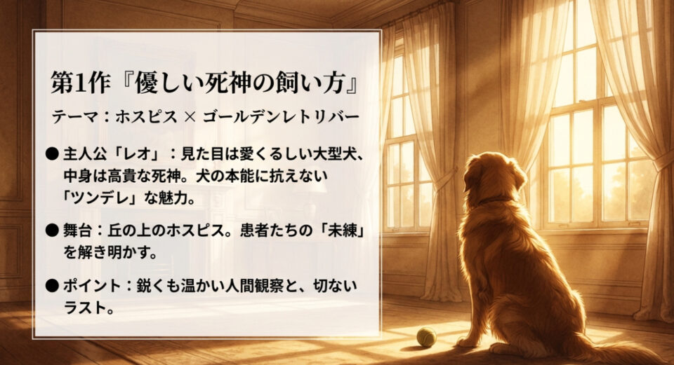 第1作『優しい死神の飼い方』の概要。テーマはホスピス×ゴールデンレトリバー。主人公レオは見た目は愛くるしい大型犬だが中身は高貴な死神。丘の上のホスピスを舞台に患者の未練を解き明かす。