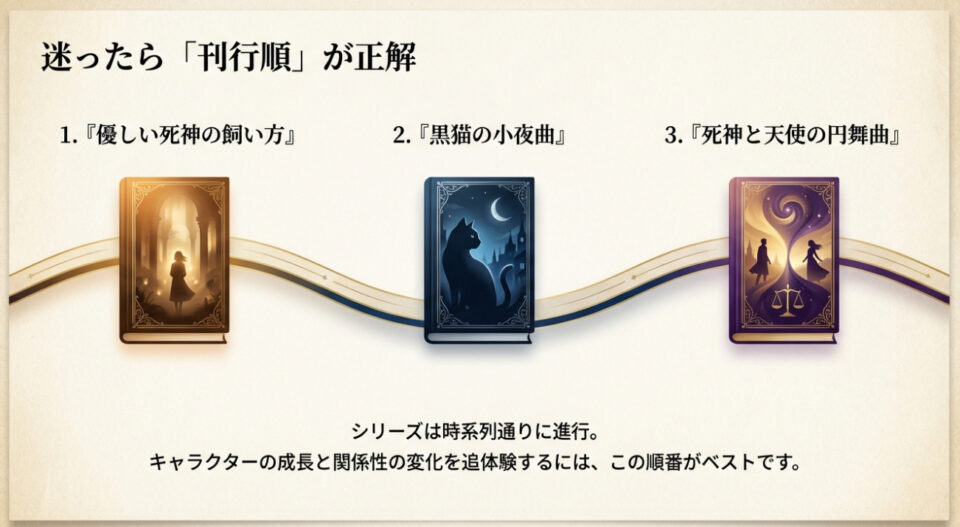 知念実希人「死神シリーズ」の読む順番チャート。1.『優しい死神の飼い方』、2.『黒猫の小夜曲』、3.『死神と天使の円舞曲』。迷ったら「刊行順」が正解。時系列通りに進行するため、キャラクターの成長を楽しむにはこの順番がベスト