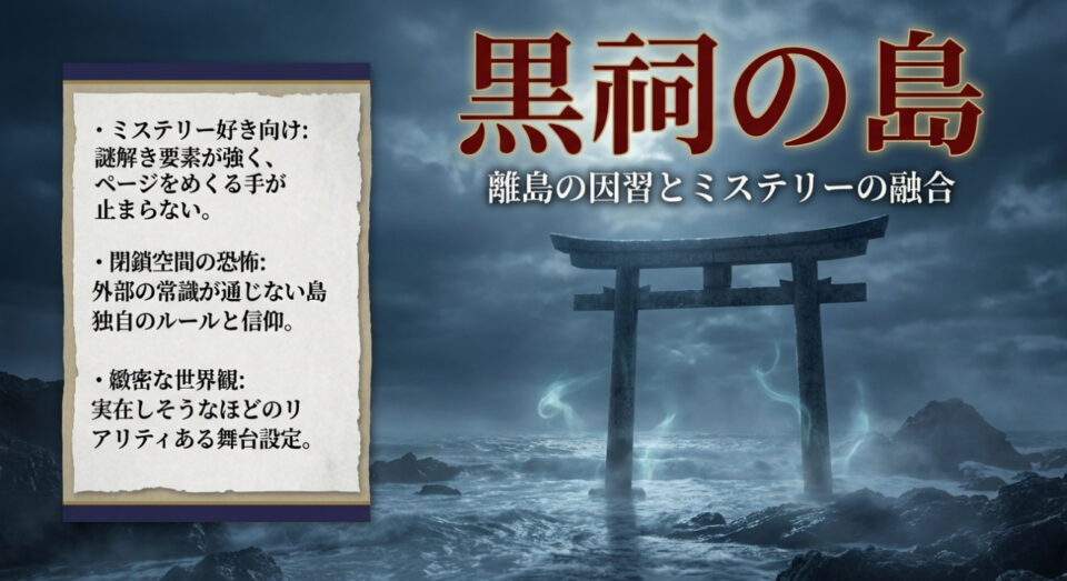 黒祠の島の作品概要。閉鎖空間の恐怖と緻密な世界観によるミステリー融合についての解説