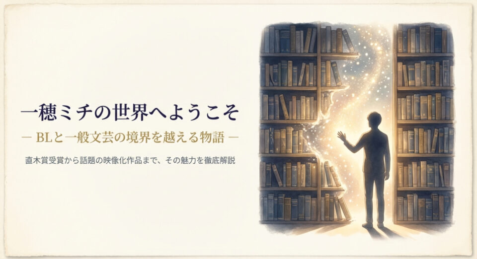 本棚の隙間から溢れ出る光に手を伸ばす男性のイラスト。一穂ミチが描くBLと一般文芸の境界を越えた物語世界への入り口を表現。