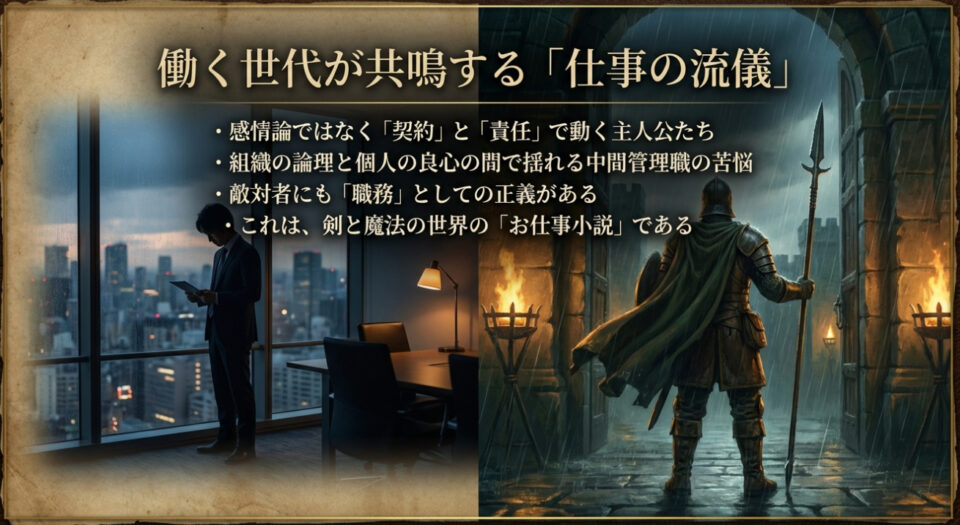 感情論ではなく契約と責任で動く主人公たち。組織の論理と個人の良心の間で揺れる、剣と魔法の世界のお仕事小説としての魅力