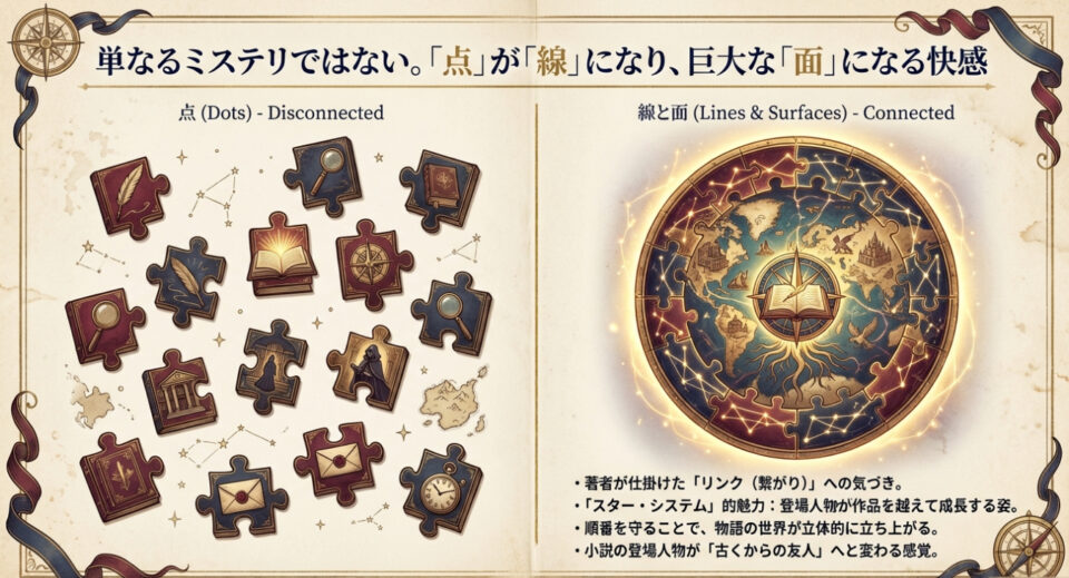 辻村深月作品の登場人物や世界観がパズルのように組み合わさり、一つの大きな世界になる概念図