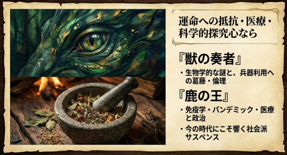 生物学的な謎と倫理を描く『獣の奏者』、免疫学と医療・政治を描く『鹿の王』。科学的探究心を満たす2作品の紹介