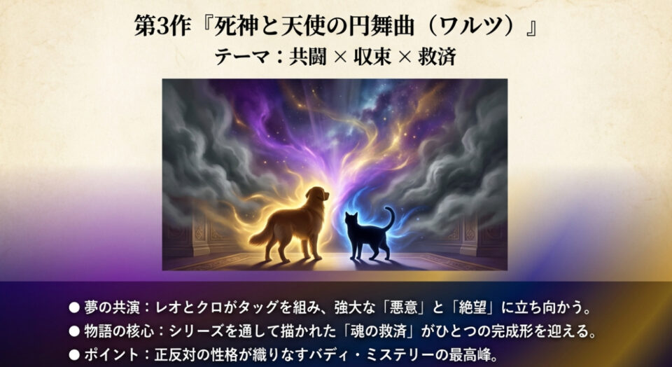 第3作『死神と天使の円舞曲（ワルツ）』の概要。テーマは共闘×収束×救済。レオとクロが夢の共演を果たし、強大な悪意に立ち向かう。シリーズを通して描かれた魂の救済が完成形を迎えるバディ・ミステリーの最高峰。犬と猫が並んで光を見つめるイラスト。