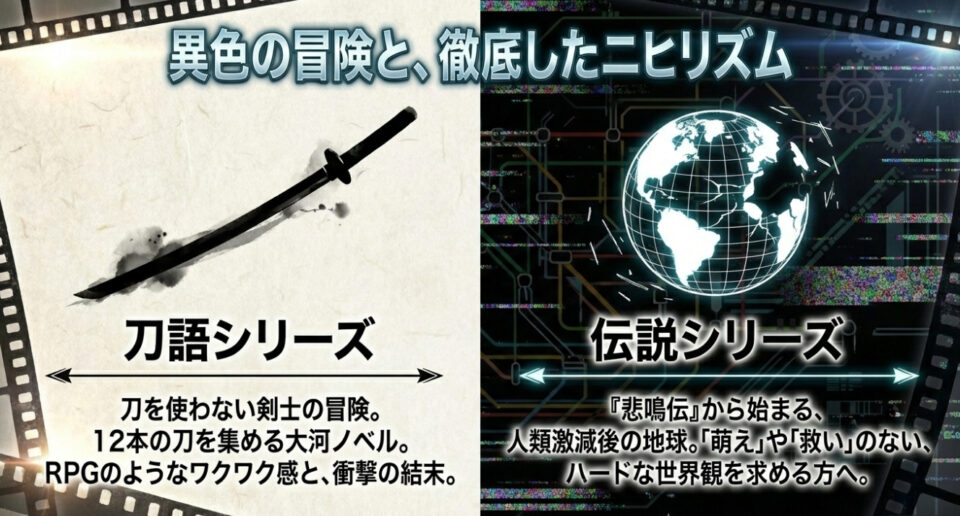 12本の刀を集める大河ノベル「刀語」と、ハードでニヒルな世界観の「伝説シリーズ」を紹介するスライド