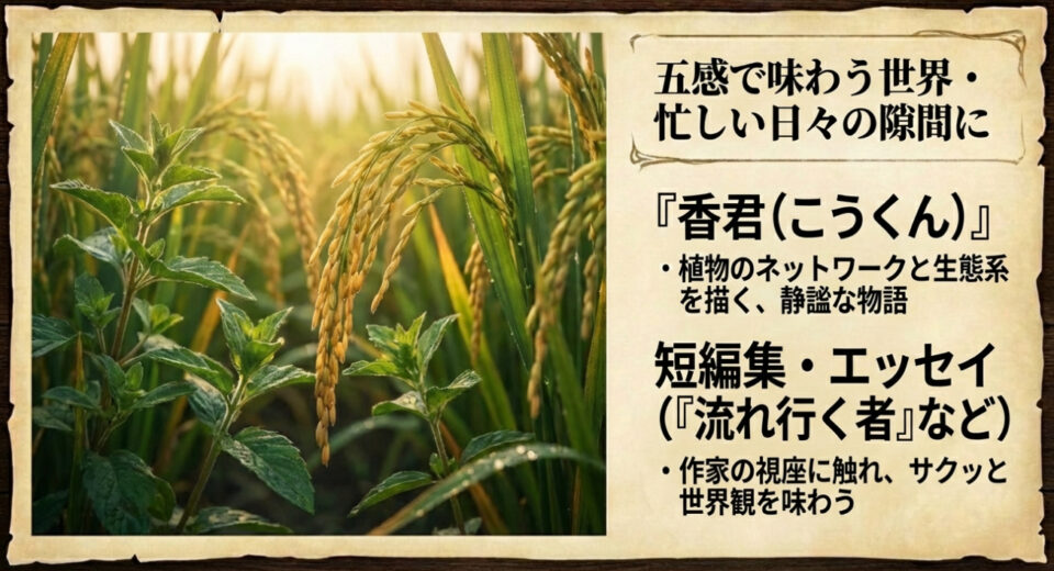 植物のネットワークを描く静謐な物語『香君』と、作家の視座に触れられるエッセイや短編集の紹介