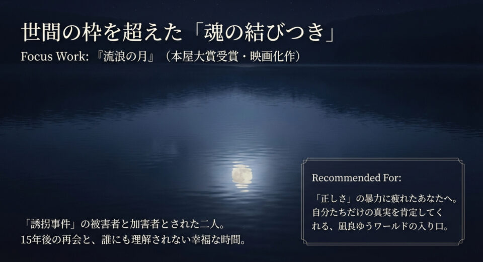 『流浪の月』紹介スライド。誘拐事件の被害者と加害者とされた二人の、誰にも理解されない幸福な時間を描く。