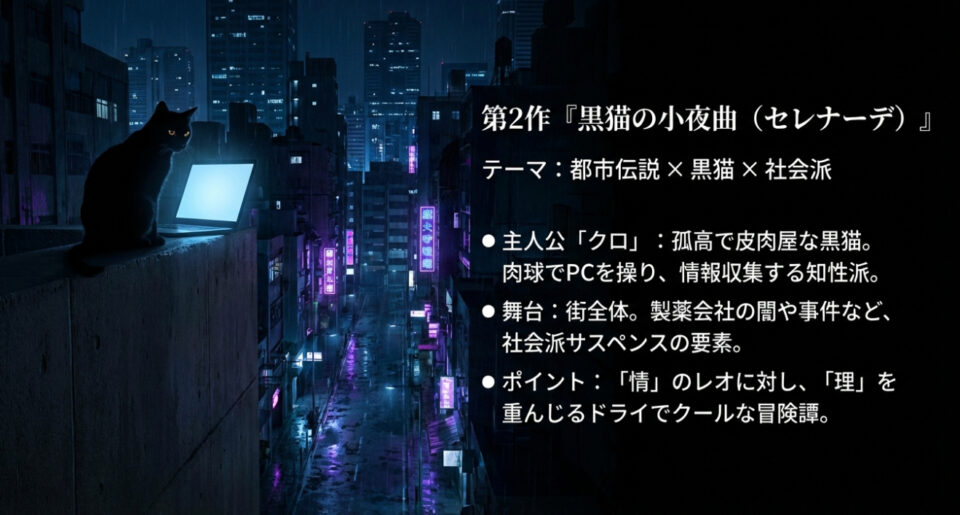第2作『黒猫の小夜曲（セレナーデ）』の概要。テーマは都市伝説×黒猫×社会派。主人公クロは孤高で皮肉屋な黒猫。肉球でPCを操る知性派。製薬会社の闇など社会派サスペンス要素があり、「理」を重んじるドライな冒険譚。