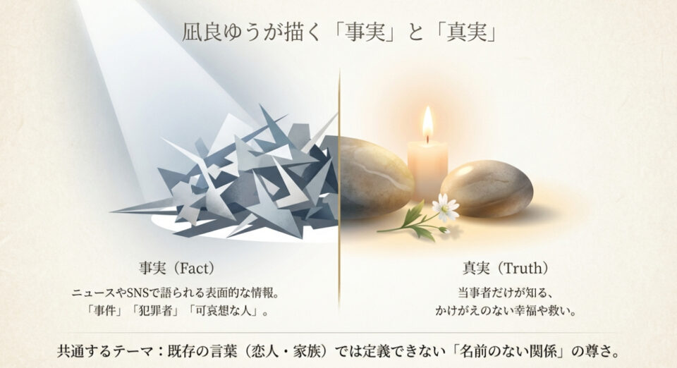 ニュースやSNSで語られる表面的な「事実」と、当事者だけが知る幸福な「真実」の対比図解
